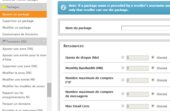 ajout package dans WHM ajout package dans WHM