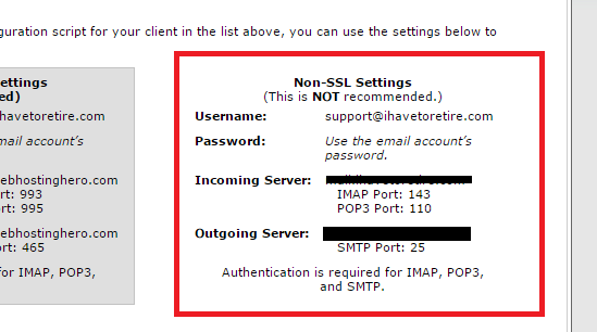 Détails SMTP non ssl Détails SMTP non ssl