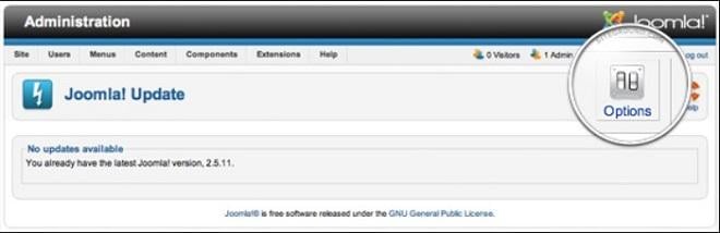 Cliquez sur le boutons paramètres pour mettre à jour Joomla vers nouvelle version majeure