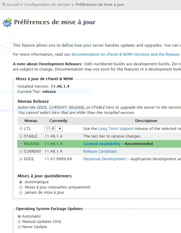 Mise à jours de cPanel mise à jours cPanel