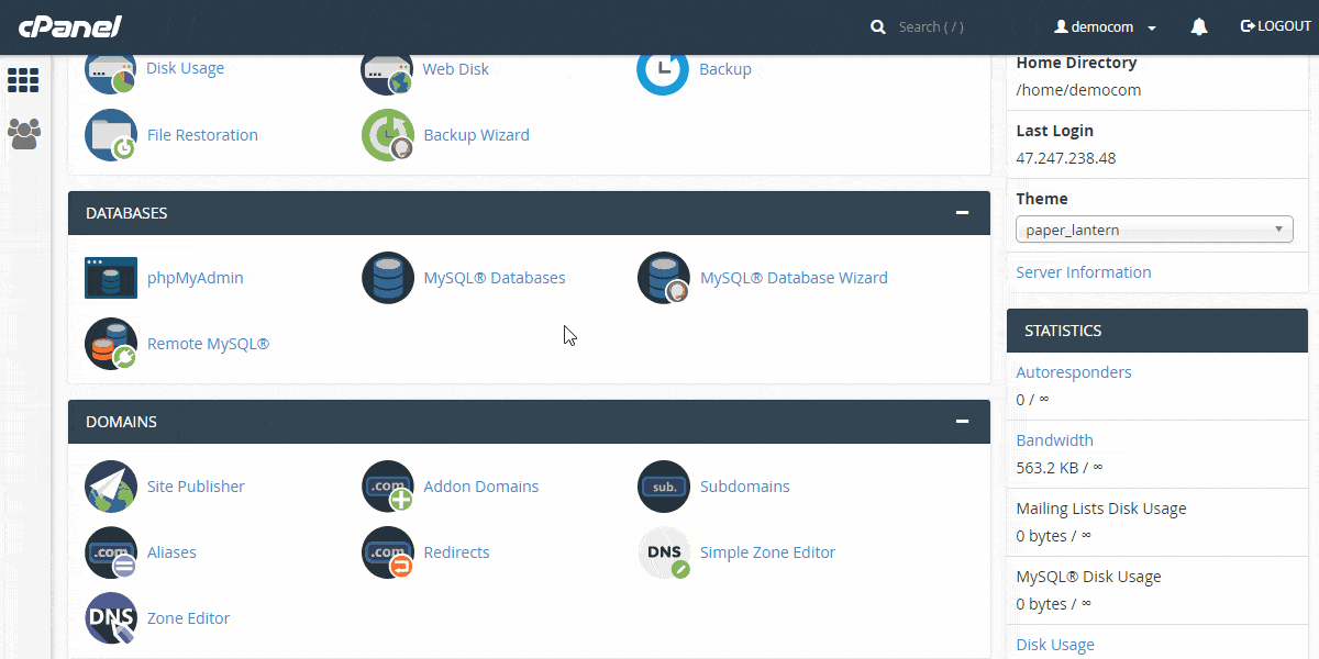 Options Base de données MySQL dans cPanel
