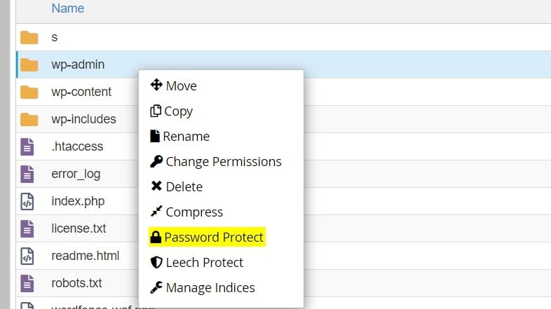 Cliquer sur sécuriser wp-admin avec un mot de passe