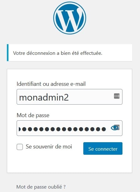 Se connecter avec le nouvel compte administrateur