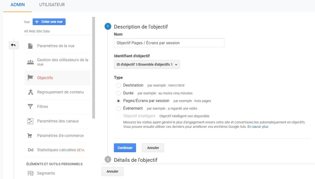 Objectifs pages / écrans par session