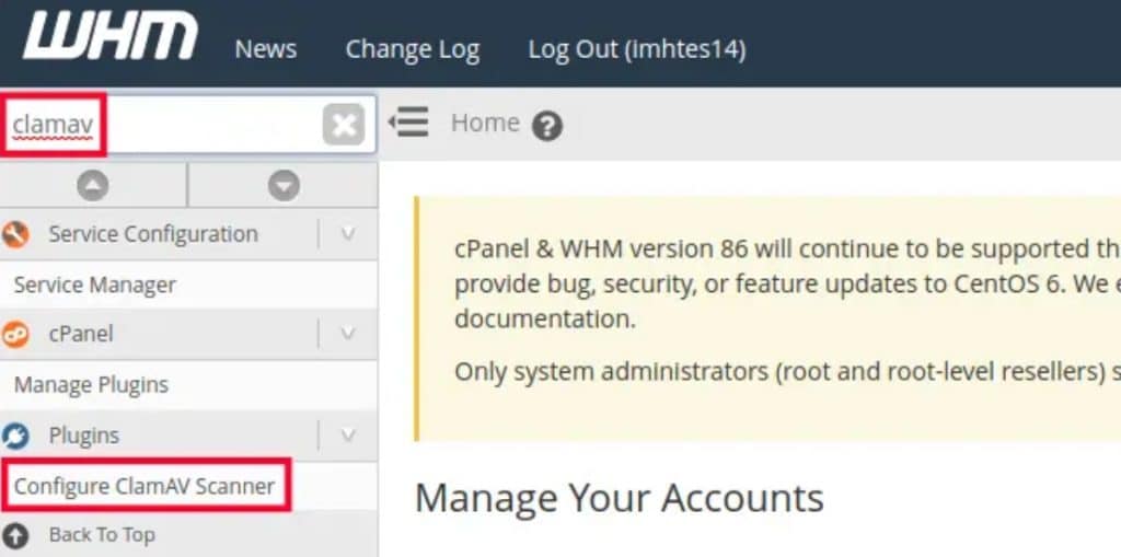 Accès à la configuration de ClamAV