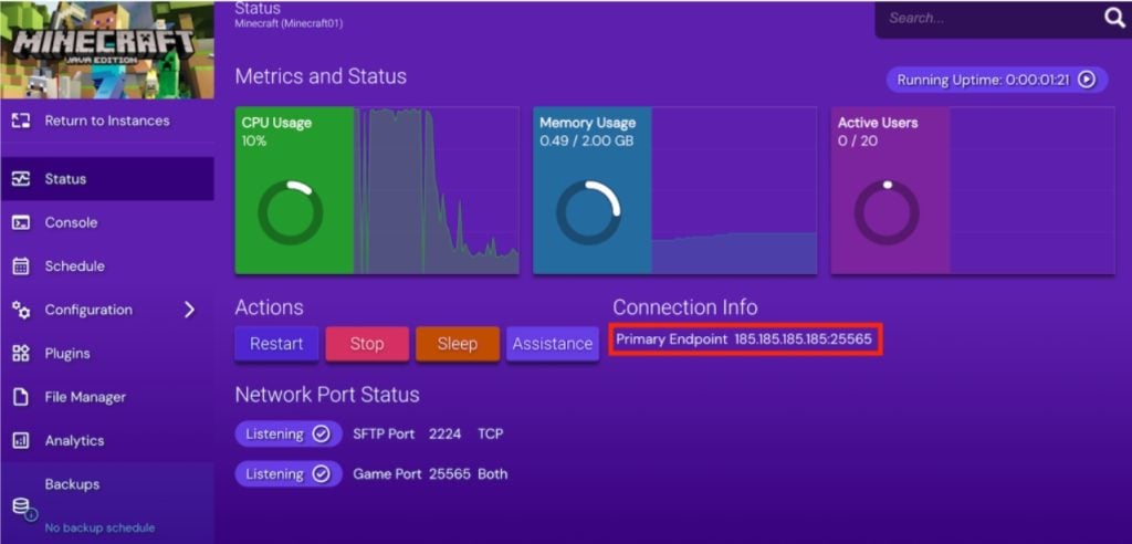 Panel minecraft de Hostinger