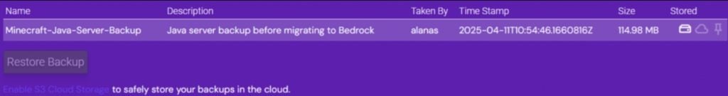 options de backup / version Minecraft