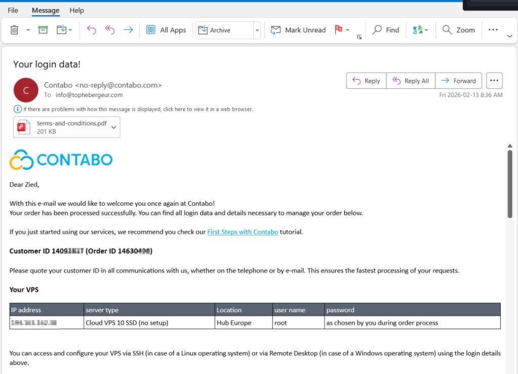 Email de confirmation de l'installation d'openclaw sur VPS 