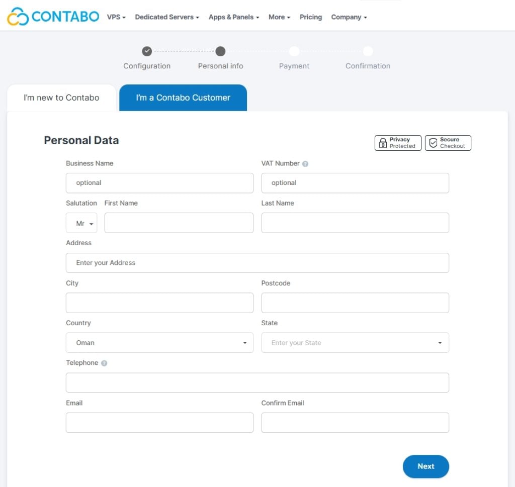 Création compte Contabo