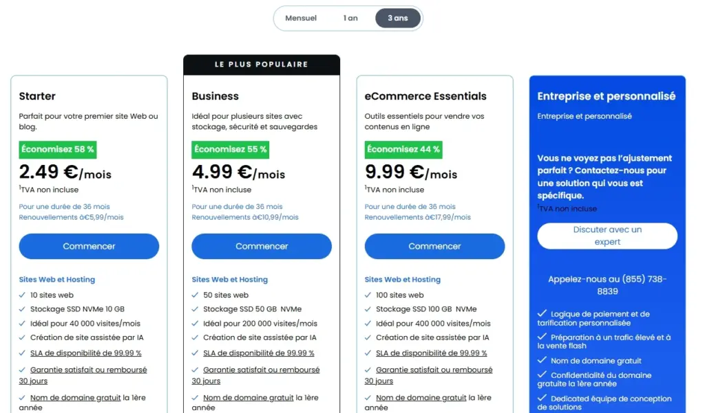 Prix des plans d'hébergement WordPress