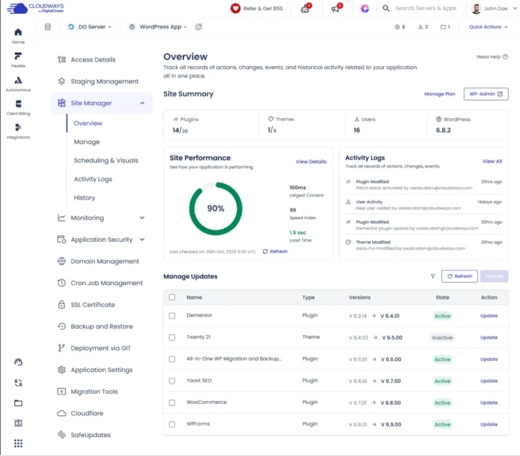 Aperçu du tableau de bord Cloudways Site Manager pour gérer plusieurs applications WordPress depuis une interface centralisée.
