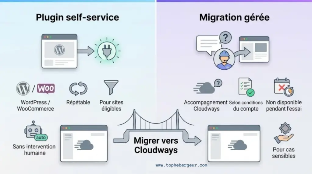 Comparaison entre le plugin Cloudways WordPress Migrator et la migration gérée