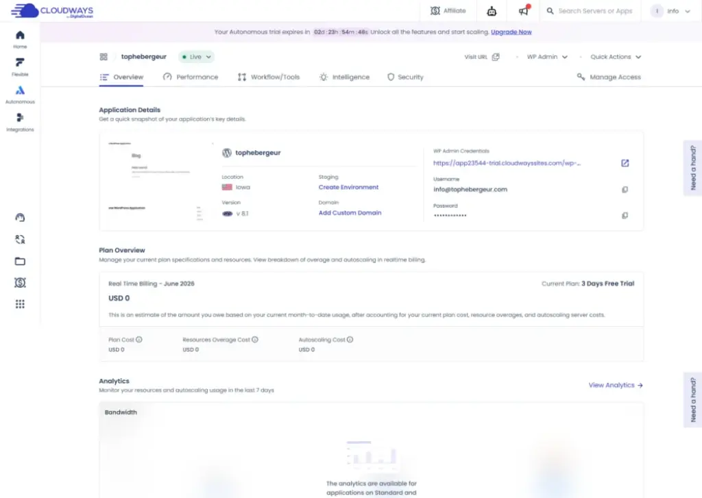 Tableau de bord Cloudways pour gérer un site WordPress
